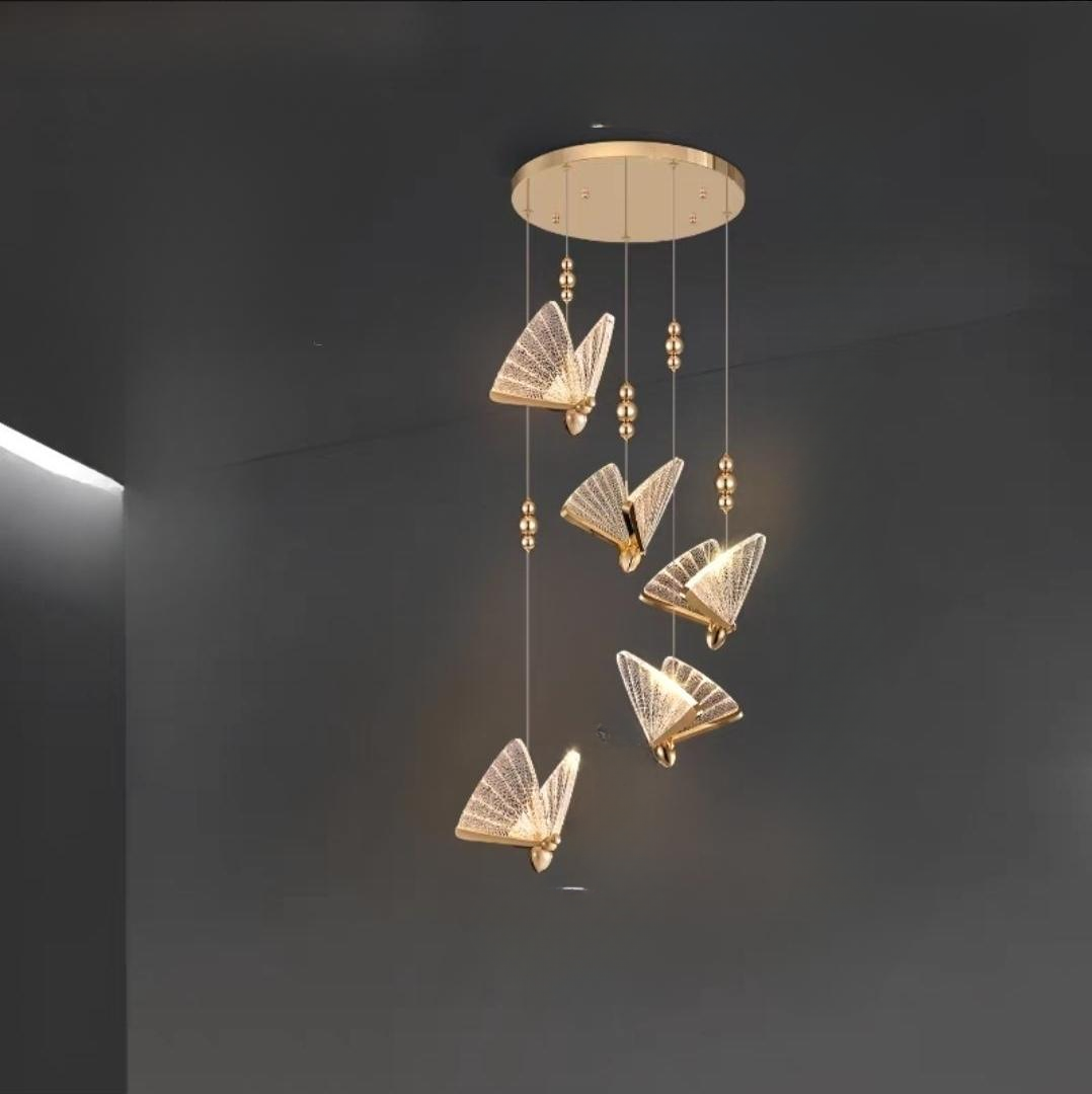 Modern abalone LED chandelier installation for high-end interiors.