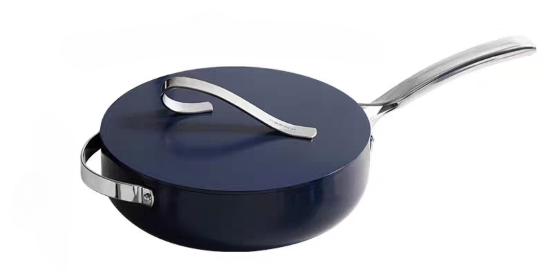Blue non-stick ceramic frying pan with a silver handle on a white background