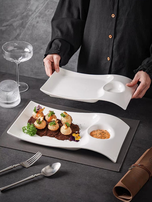 White porcelain sushi plate with sauce well