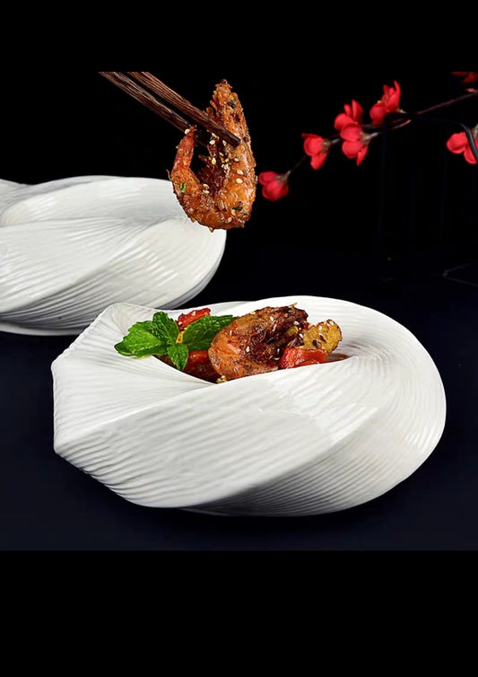 Sculptural Ripple Ceramic Bowl – White Curved Deep Plate Set of 2