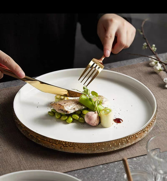 Nordic Pearl-Rimmed Ceramic Plate – Elegant Flat Dinnerware for Restaurants, Homes & Food Styling - Set of 4