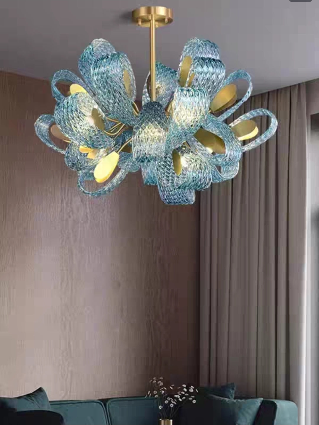 Brushed brass 12-head modern chandelier with frosted crystal shades and tri-color LED lighting for living room or dining space