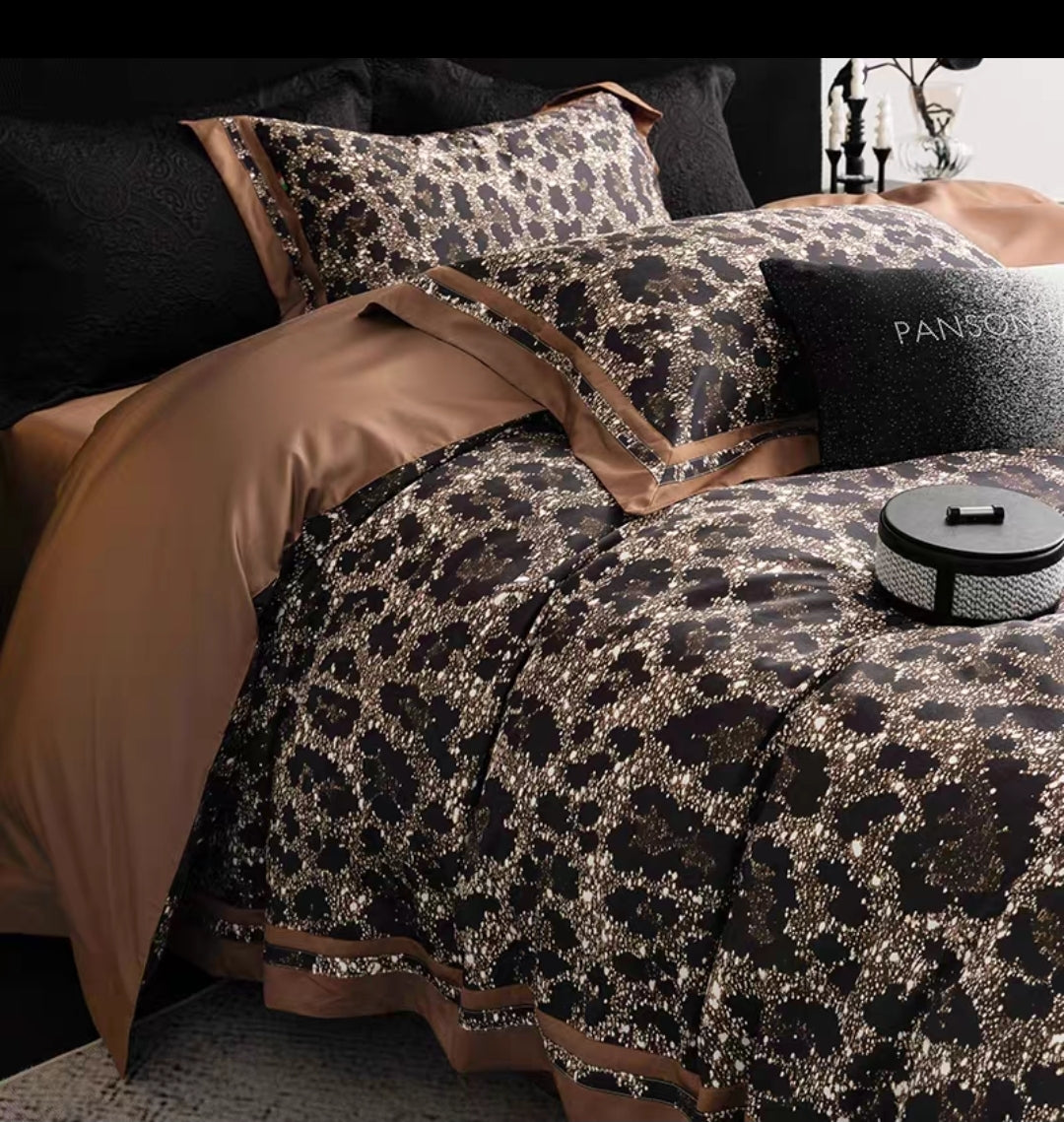 Bronze and black jacquard bedding set displayed on a modern bedroom setup