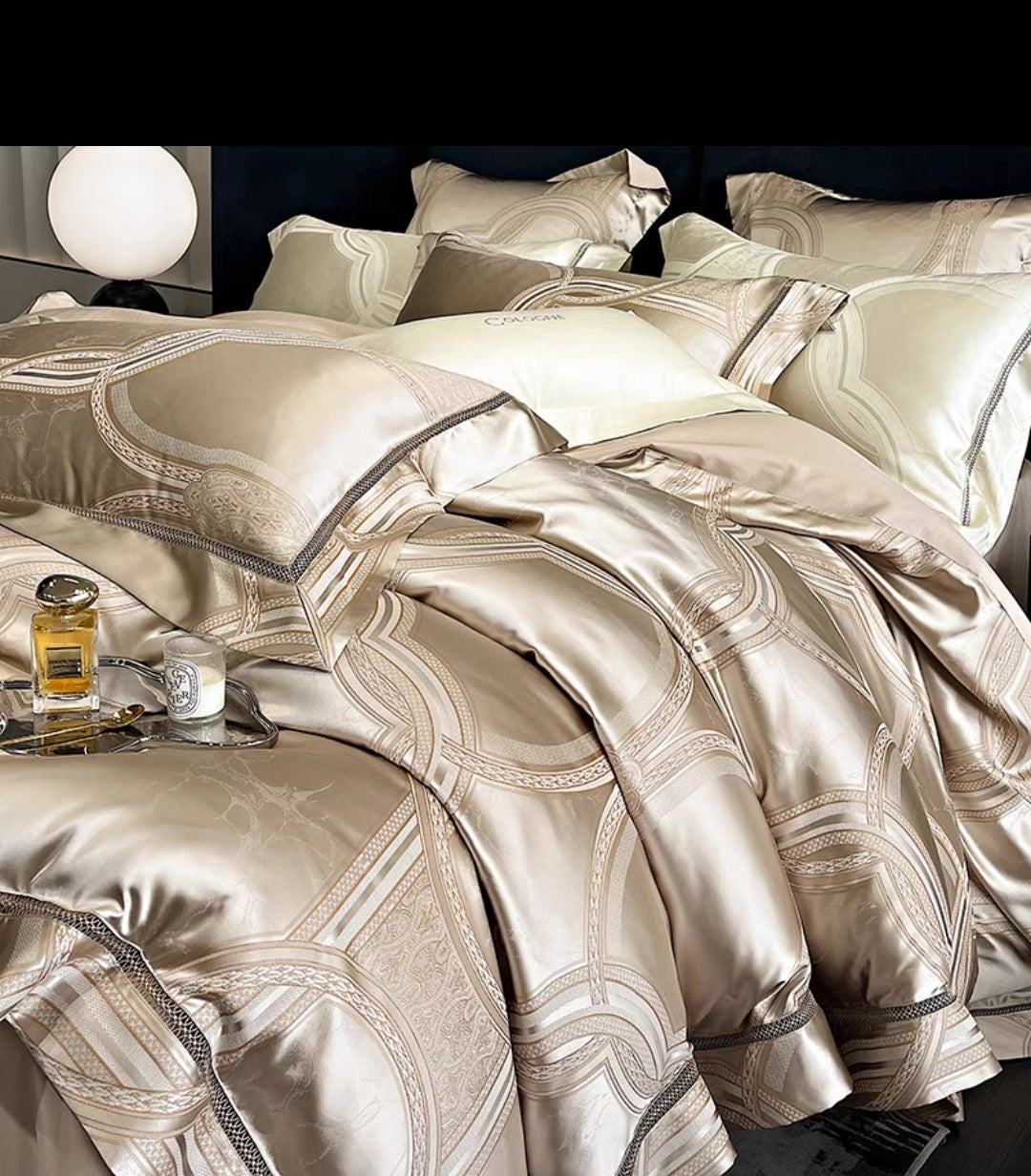 Luxurious floral jacquard satin bedding set styled in an elegant bedroom