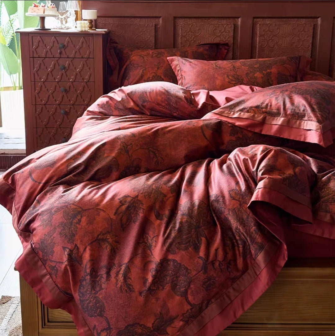 Luxury red jacquard bedding set with vintage floral design in cotton fabric.