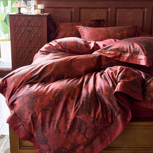 Luxury red jacquard bedding set with vintage floral design in cotton fabric.