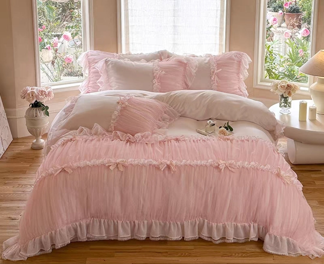 French Princess Style 60S Tencel Silk Bedding Set – 4-Piece Ruffled Lace Duvet Set with Bow Detail