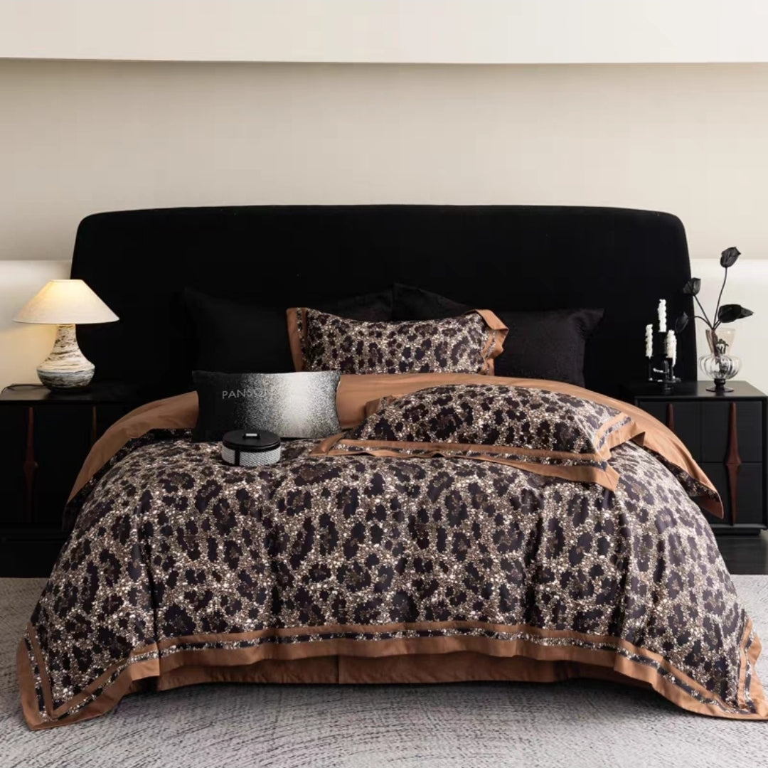 Close-up of 100S cotton duvet cover with detailed jacquard pattern in bronze