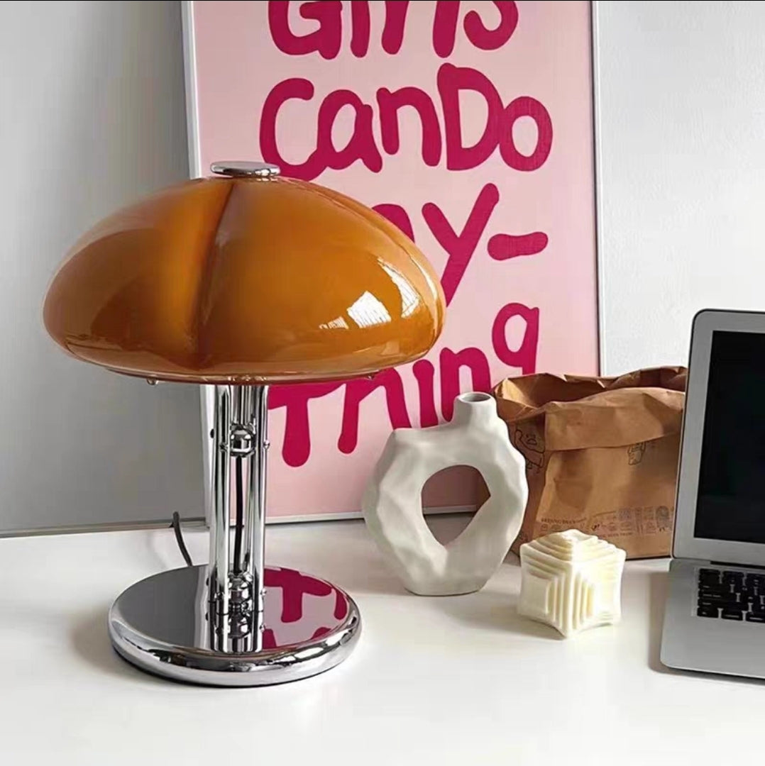 Retro Orange Mushroom Glass Table Lamp – Iron Base, 30cm, Milk Glass Finish