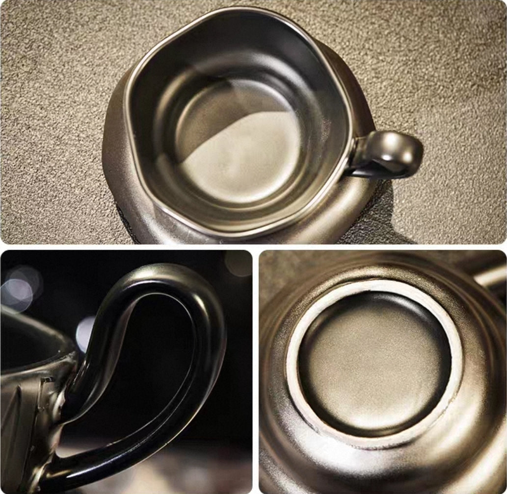 Collage of a handcrafted ceramic cup with handle on a textured surface