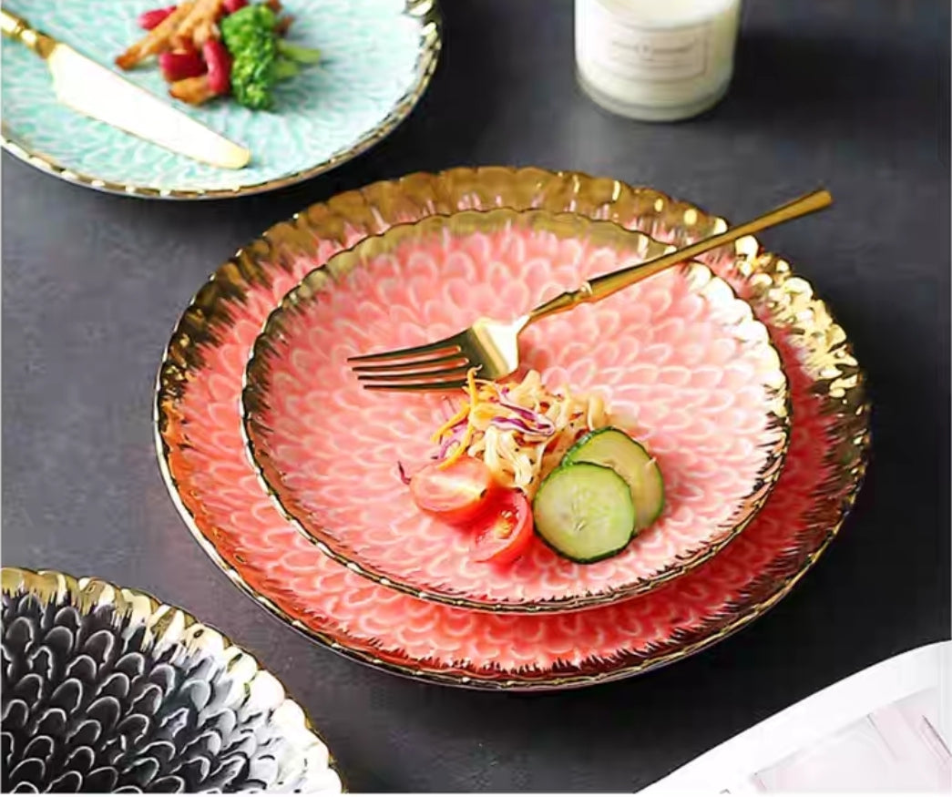 Flat Lay of Nordic Ceramic Plates in Blush, Aqua, and Midnight Bloom Colors