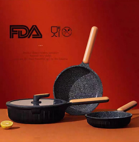 Complete granite non-stick cookware set with wooden handles