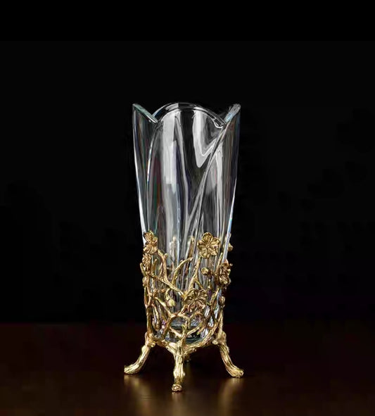 Luxury Crystal Vase with Ornate Bronze Stand – Vintage Centerpiece Display