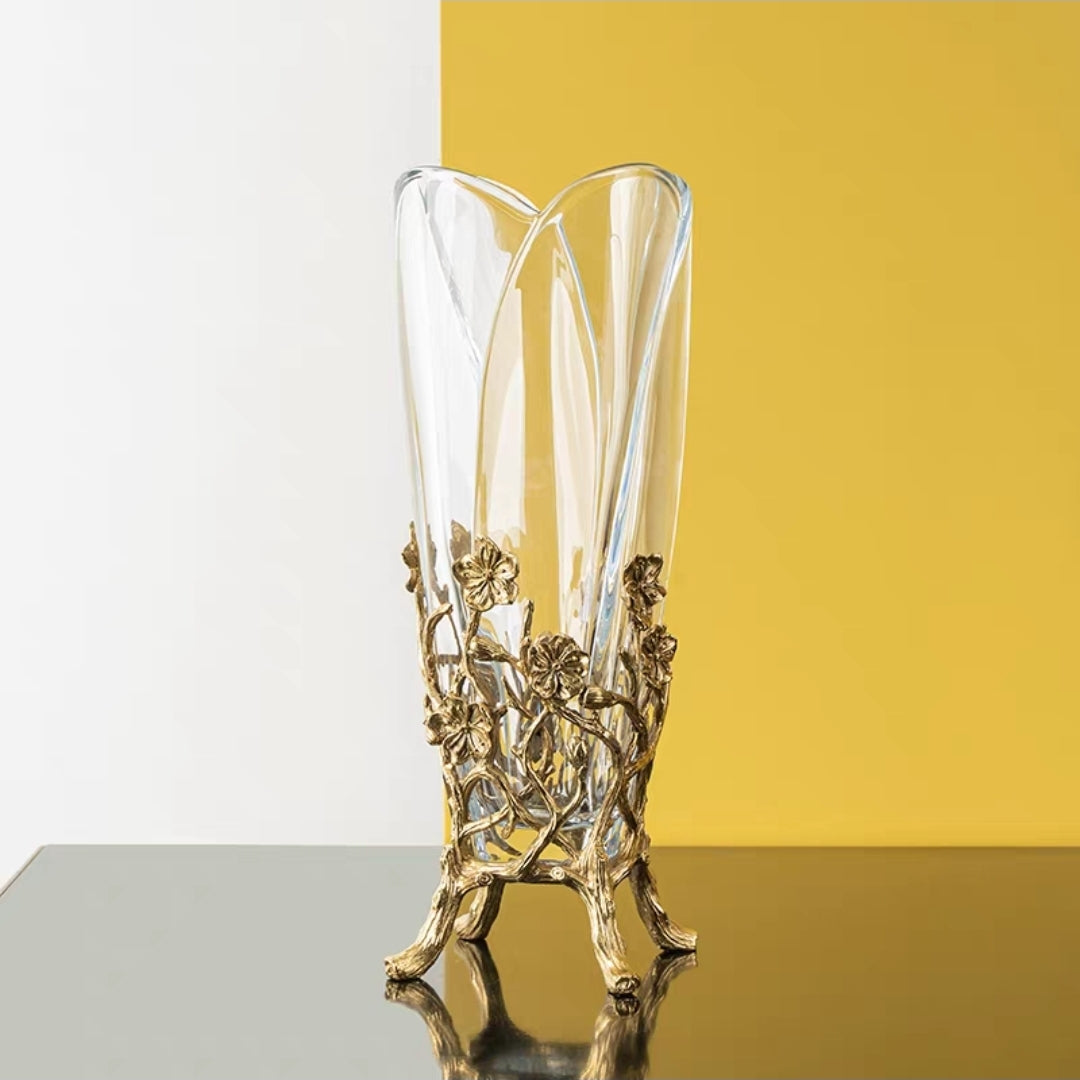 European-Style Tall Crystal Vase with Bronze Pedestal Stand – Elegant Decor