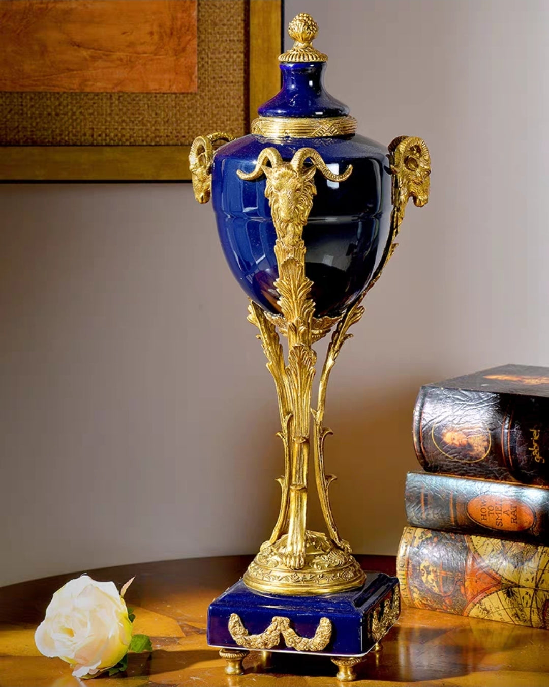 European Blue Porcelain Accent – Brass Trimmed Lamp or Decorative Vase