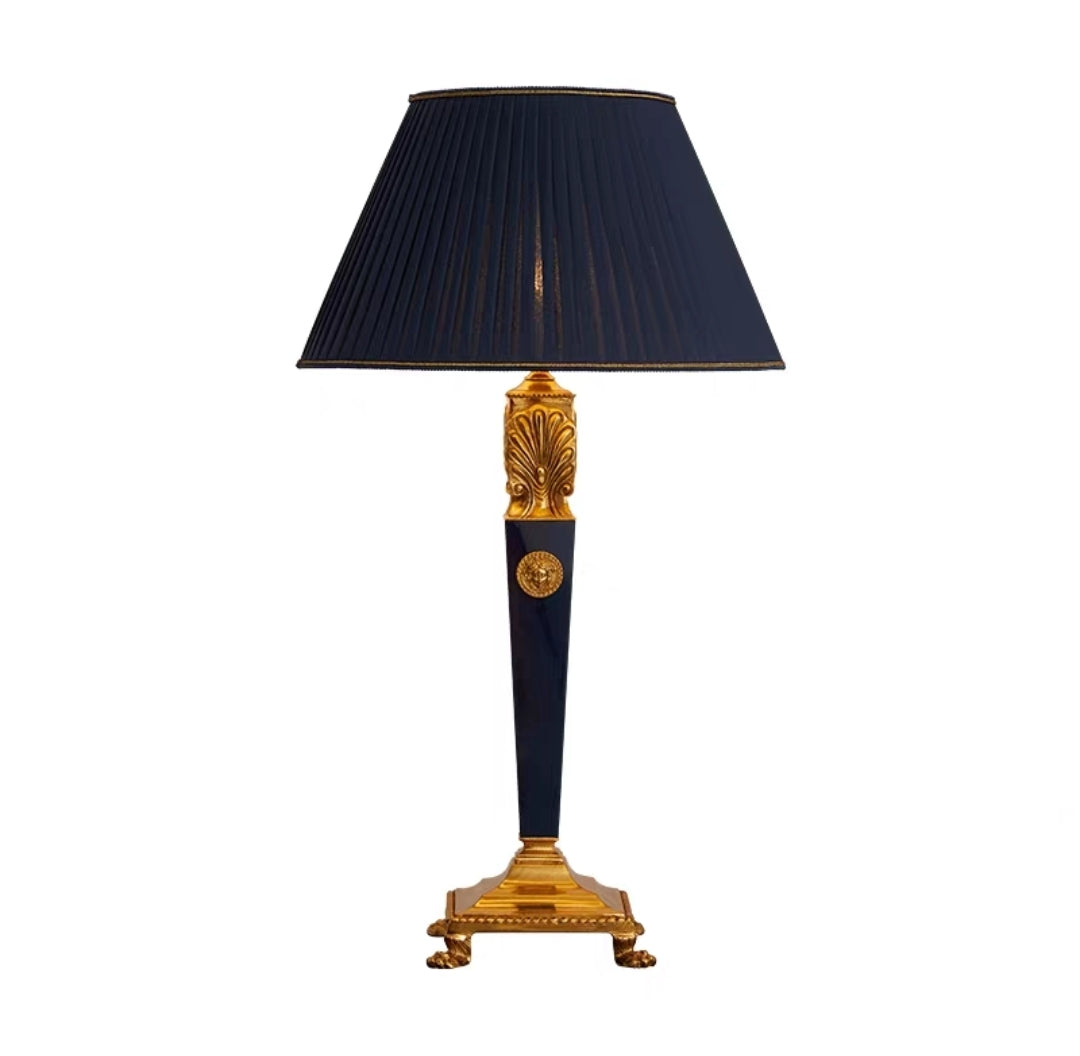 French vintage brass table lamp with black pleated fabric shade and carved gold base, 80cm tall