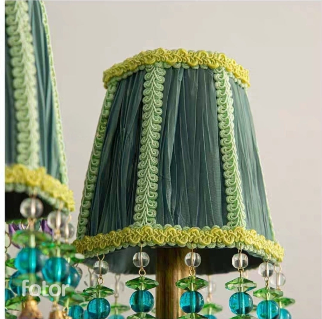 Vintage Brass Table Lamp with Hand-Carved Base and Fabric Shades