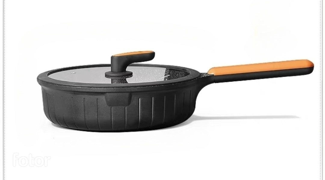Black frying pan with a glass lid on a white background