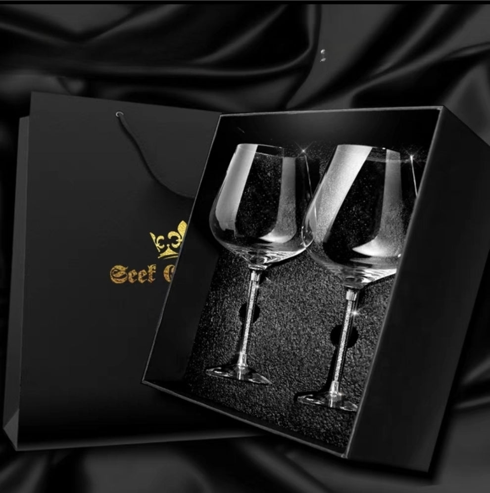 Close-up of diamond-patterned stem on crystal red wine glass