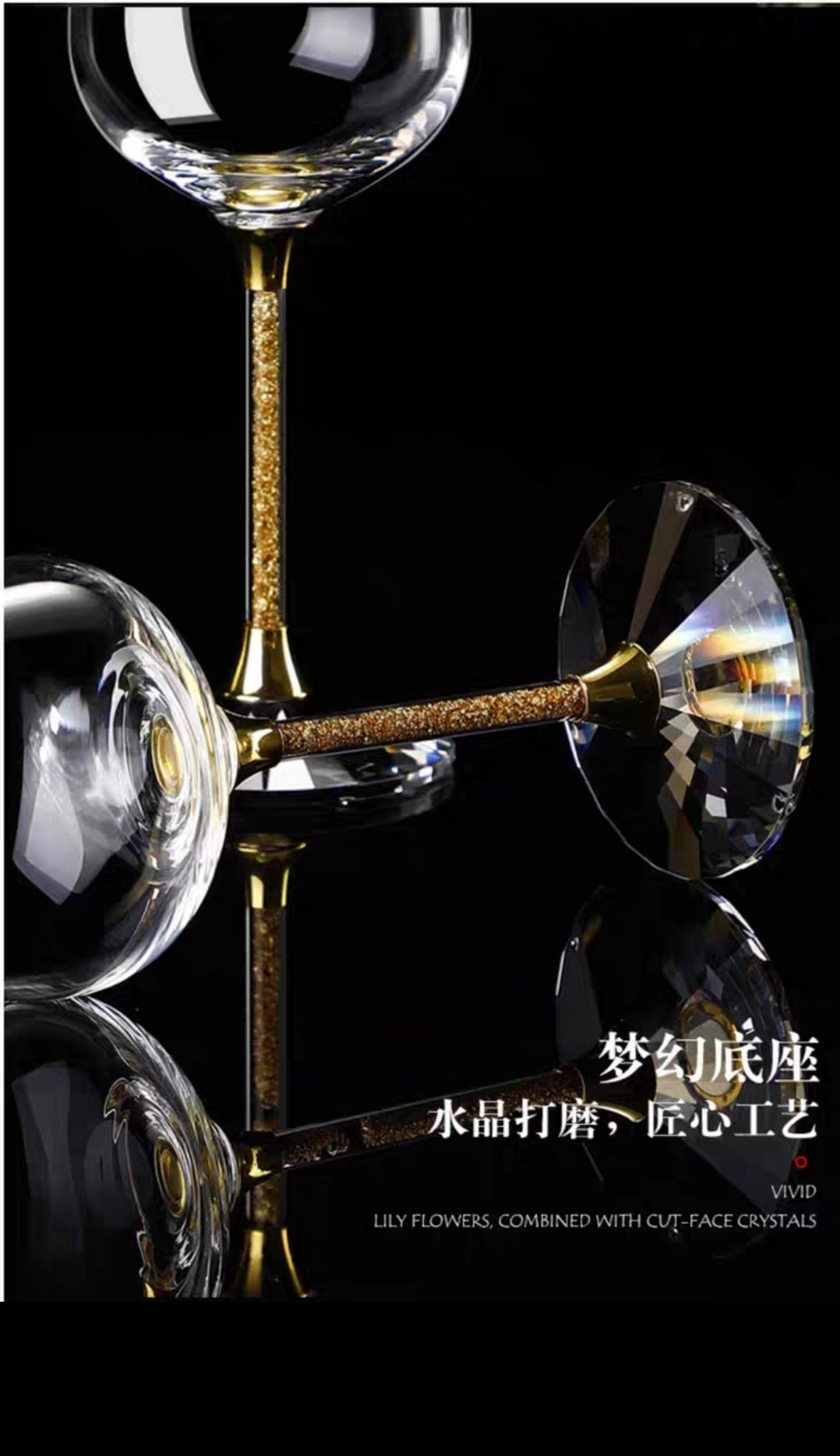 Close-up of swan-shaped bottle holder with gold-accented wine glasses
