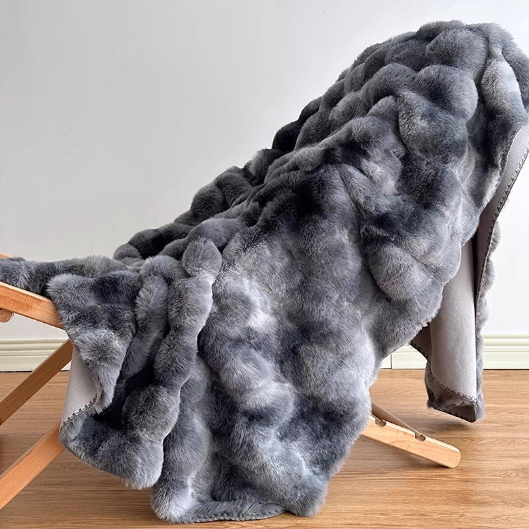 Smokey Grey Plush Faux Fur Blanket Showcasing Water-Ink Dye Effect