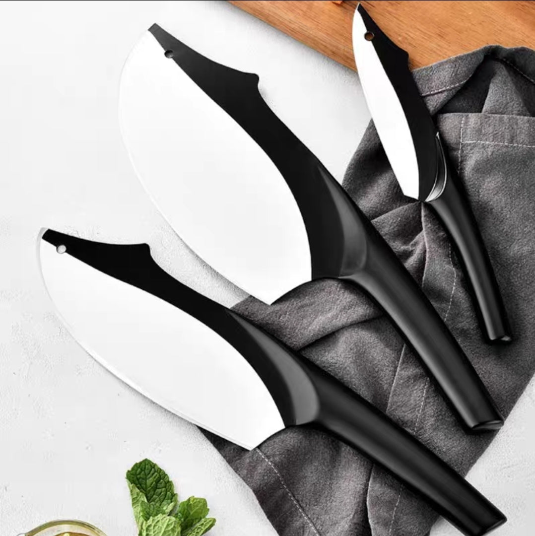 3-piece black kitchen knife set with sleek ergonomic handles on white background