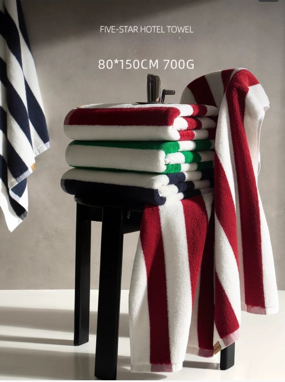 Stack of Luxury Hotel-Grade Striped Towels in Multiple Colors