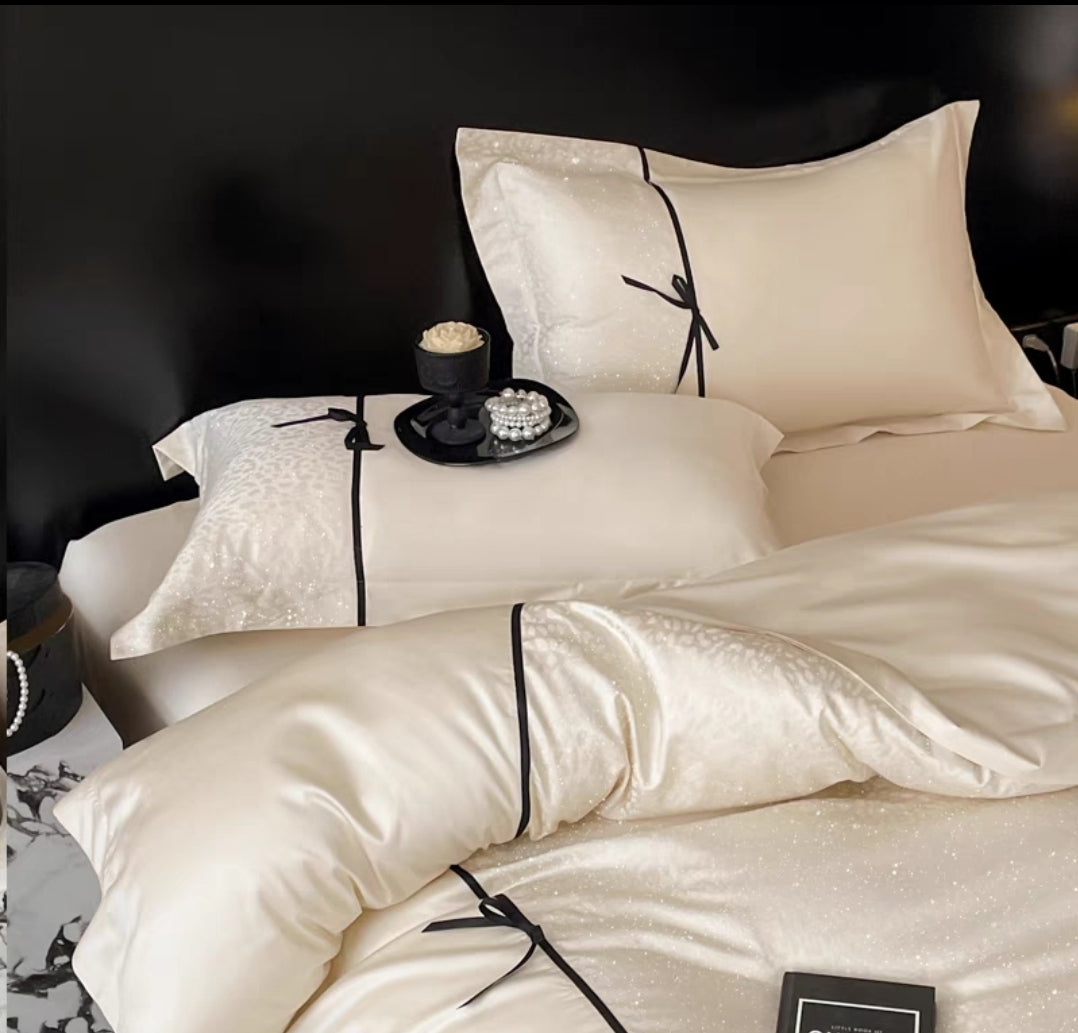 Champagne Gold Tencel Cotton Bedding Set with Black Embroidered Details
