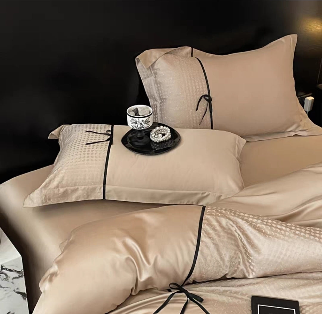 Taupe Beige Tencel Bedding Set with Elegant Ribbon Trim Detail