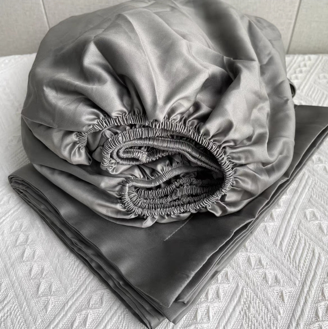 Grey Long-Staple Cotton Fitted Bedsheet Set with Elastic Edge Detail