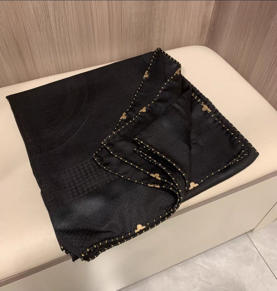 Black embroidered shawl with golden detailing, 135CM silk-wool blend