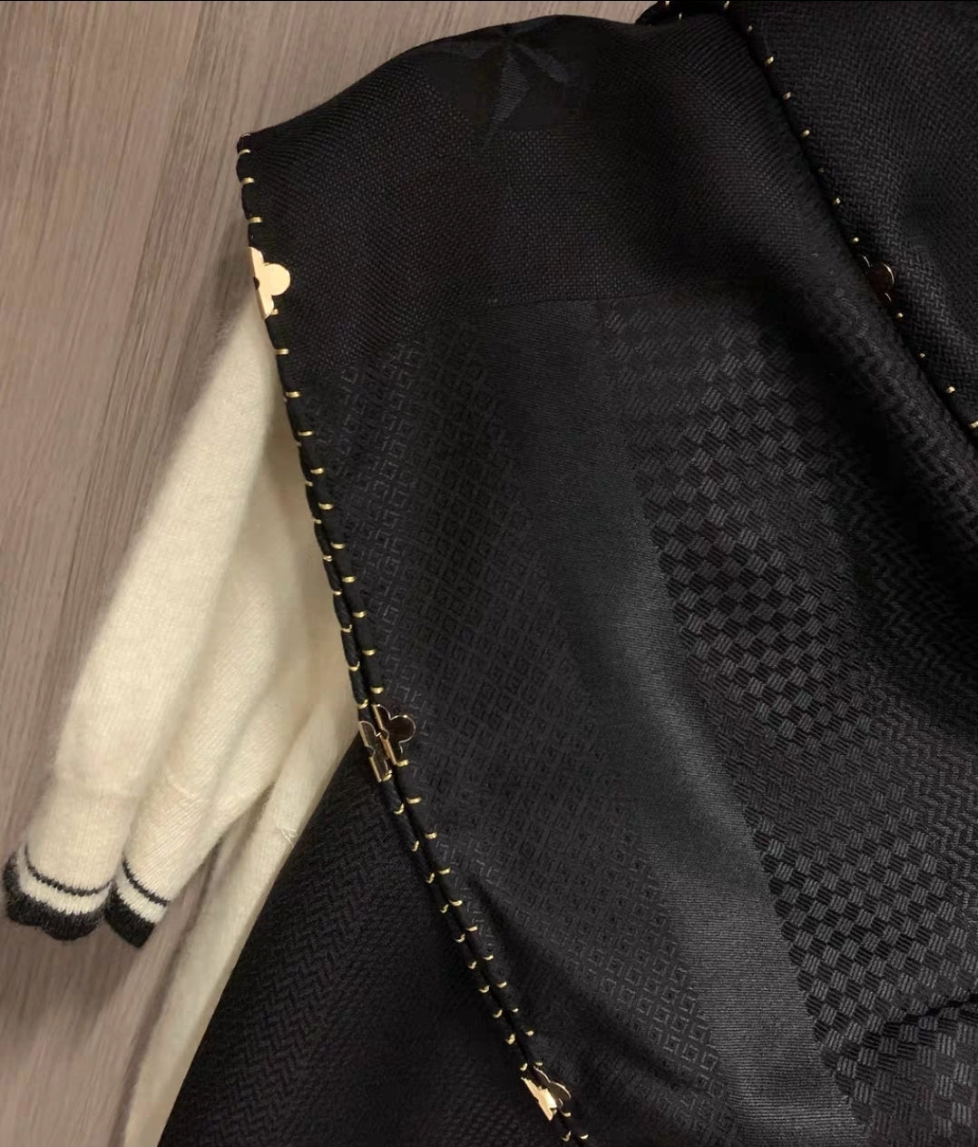 Luxury mulberry silk and wool shawl with gold floral embroidery