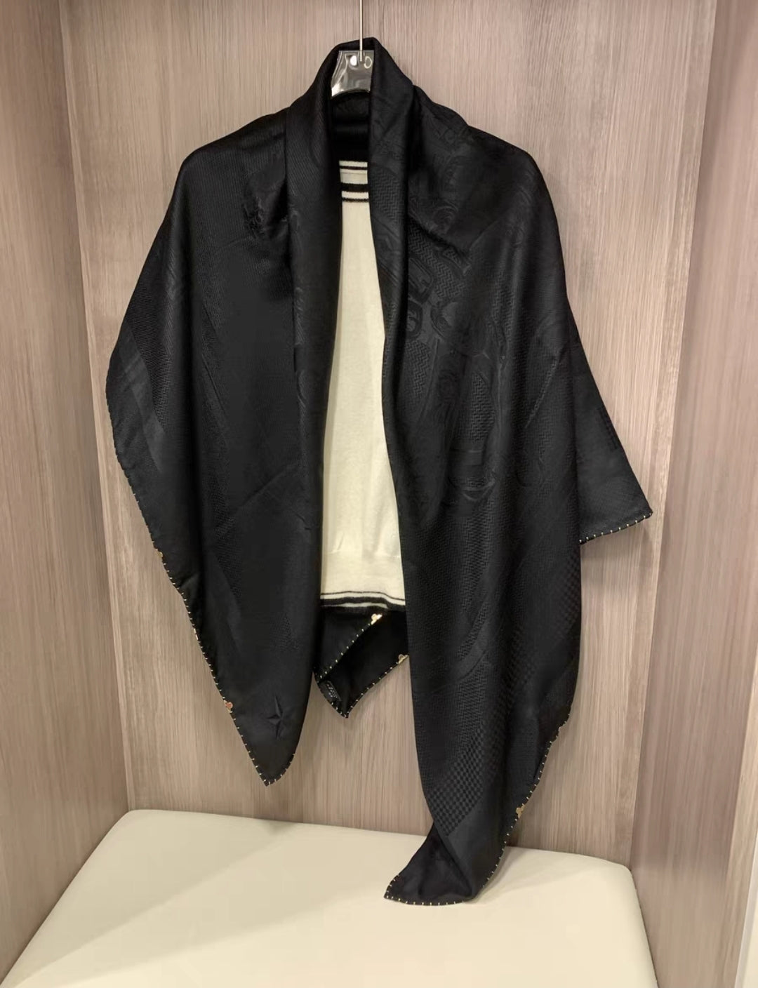 Elegant black shawl for women, hand-embroidered golden trim