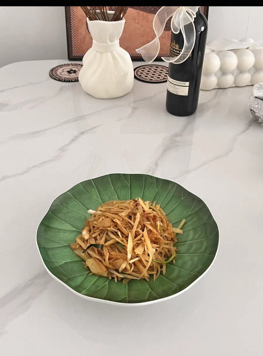 Green lotus leaf ceramic serving plate with glossy finish, 31cm size.