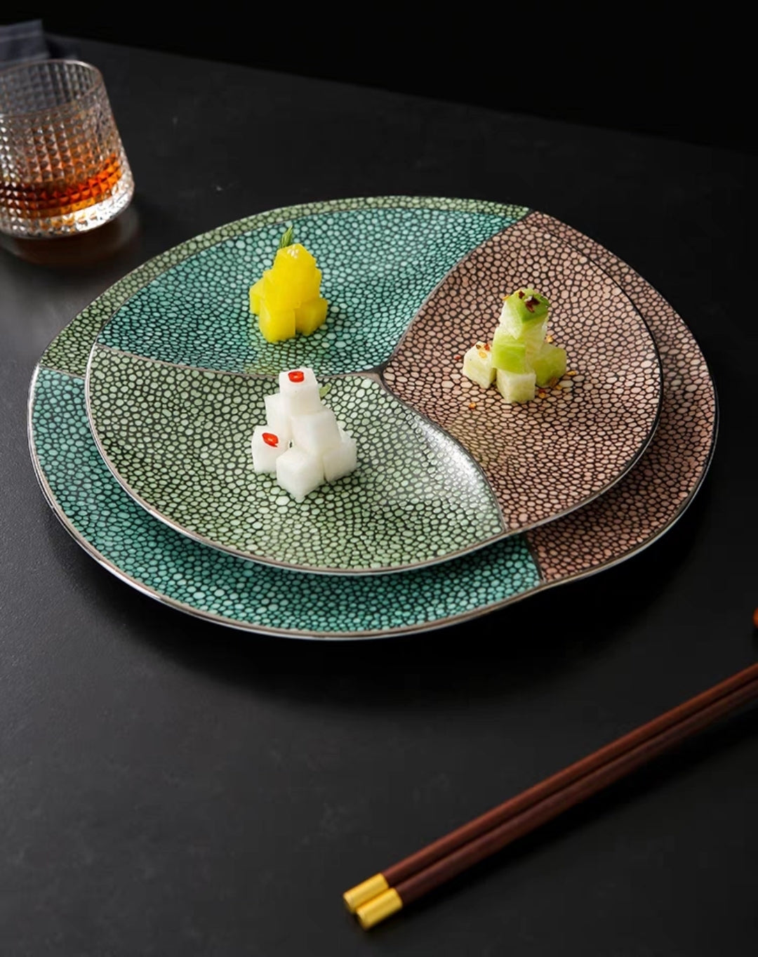 High-temp fired ceramic plates with divided sections and vibrant glaze