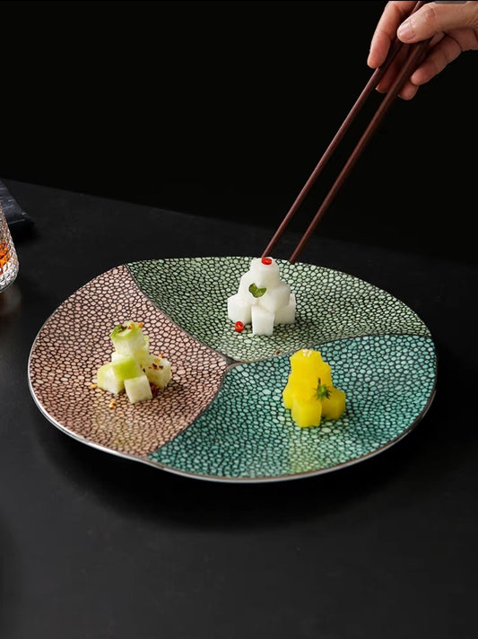 Divided ceramic serving plates with colorful mosaic glaze – top view