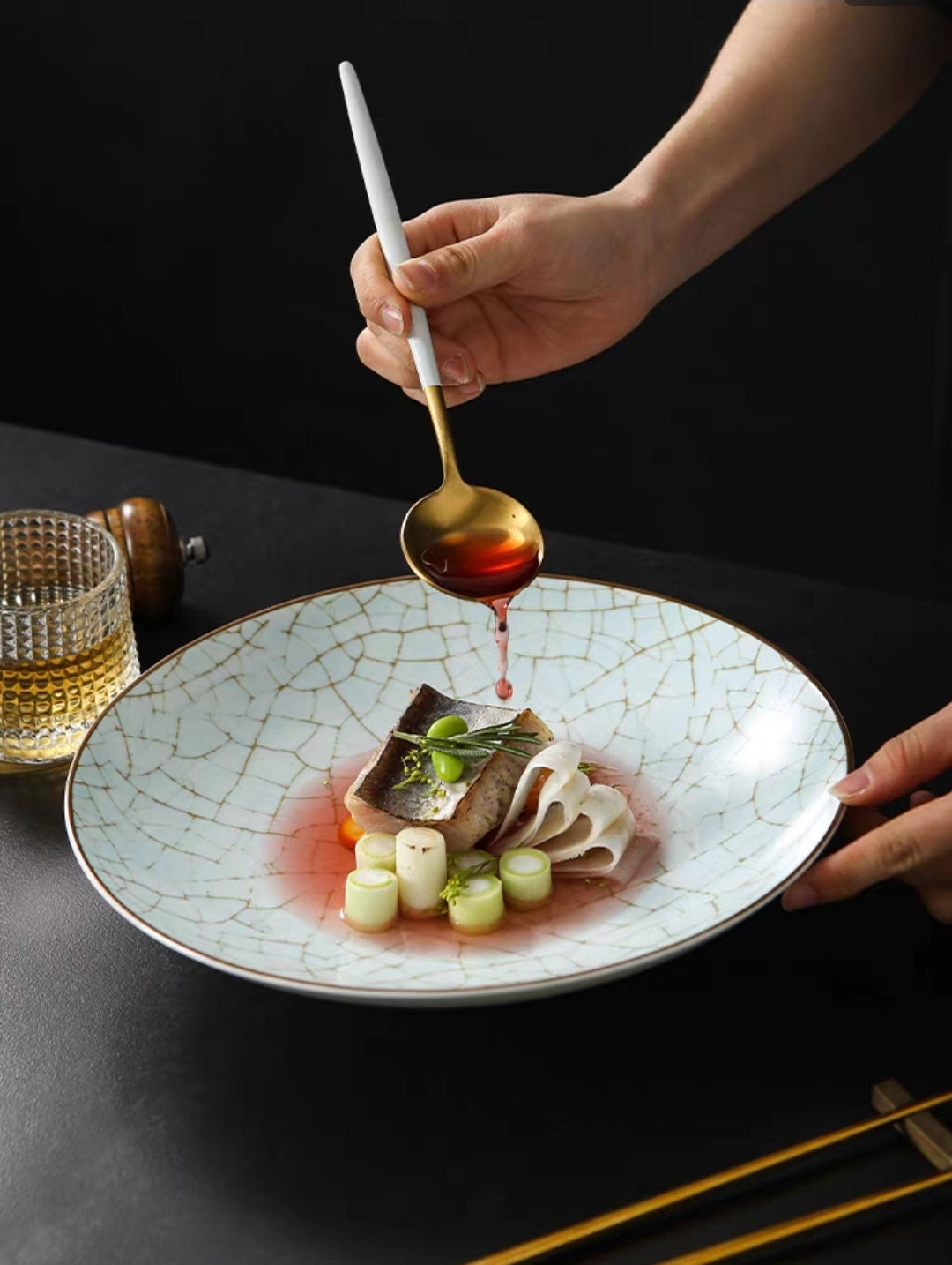 celadon crack-glazed ceramic plates.