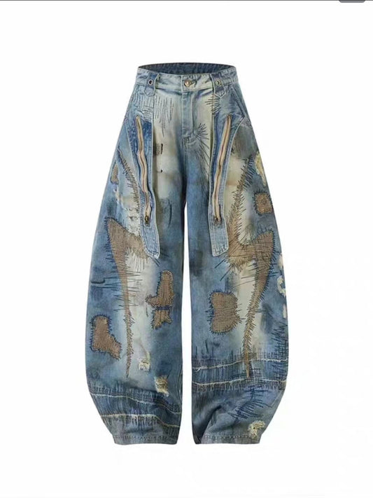 Grunge Patchwork Baggy Jeans – Distressed Embroidery, High Waist, Wide-Leg Fit
