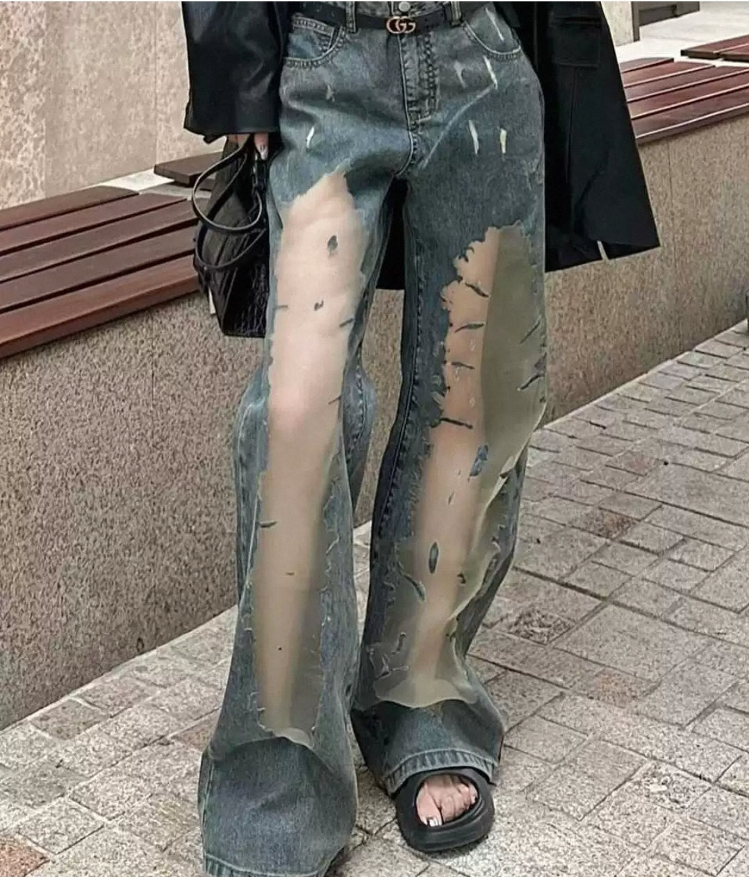 Retro ripped wide-leg mesh patchwork denim jeans, high waist plus size design