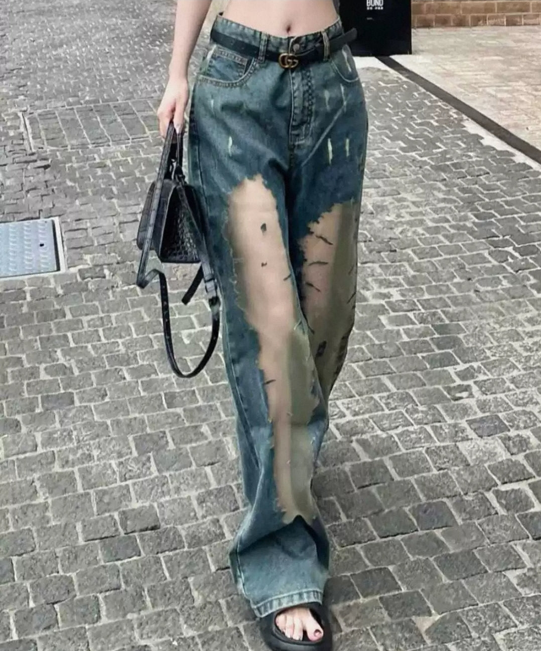 Retro Ripped Mesh Patchwork Wide-Leg Jeans – Plus Size High Waist