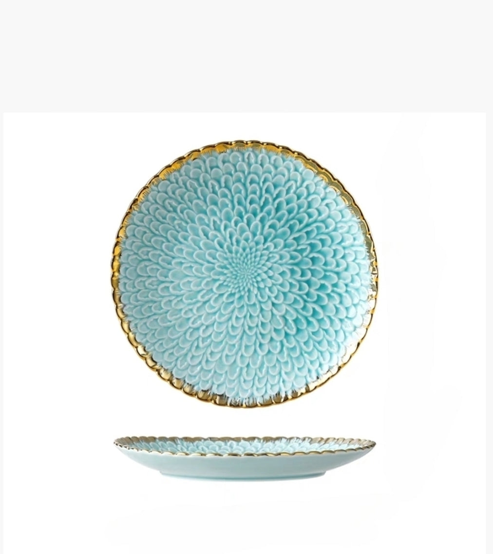 Aqua Blue Nordic Ceramic Plate with Hand-Painted Gold Edge