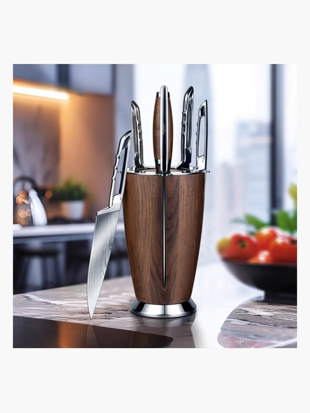 Close-up of high-carbon steel blades with laser wood grain pattern