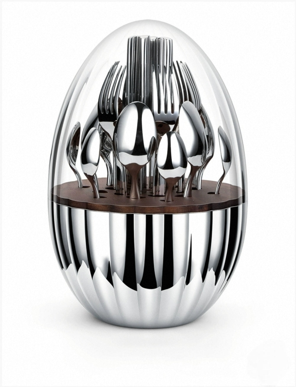 Luxury egg-shaped cutlery holder with 304 stainless steel silverware set, modern kitchen decor centerpiece.