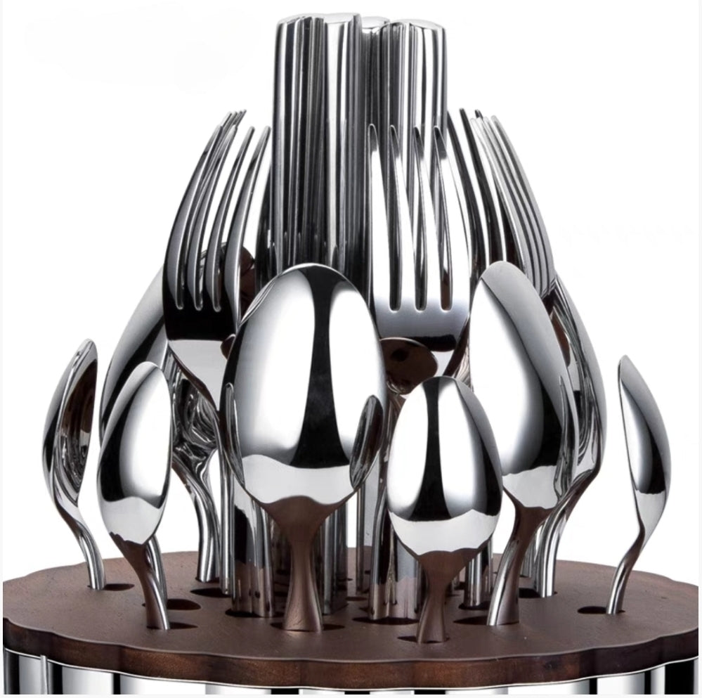 Complete 24/30/36-piece stainless steel cutlery set including spoons, forks, knives, and chopsticks.