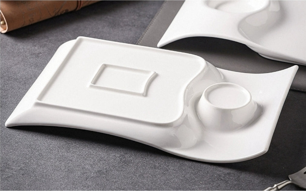 Set of 5 Elegant Nordic Ceramic Serving Plate with Sauce Compartment - High - Temperature Fired Porcelain