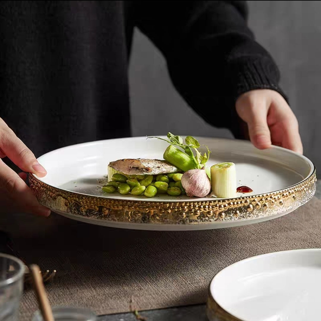 Nordic Pearl-Rimmed Ceramic Plate – Elegant Flat Dinnerware for Restaurants, Homes & Food Styling - Set of 4