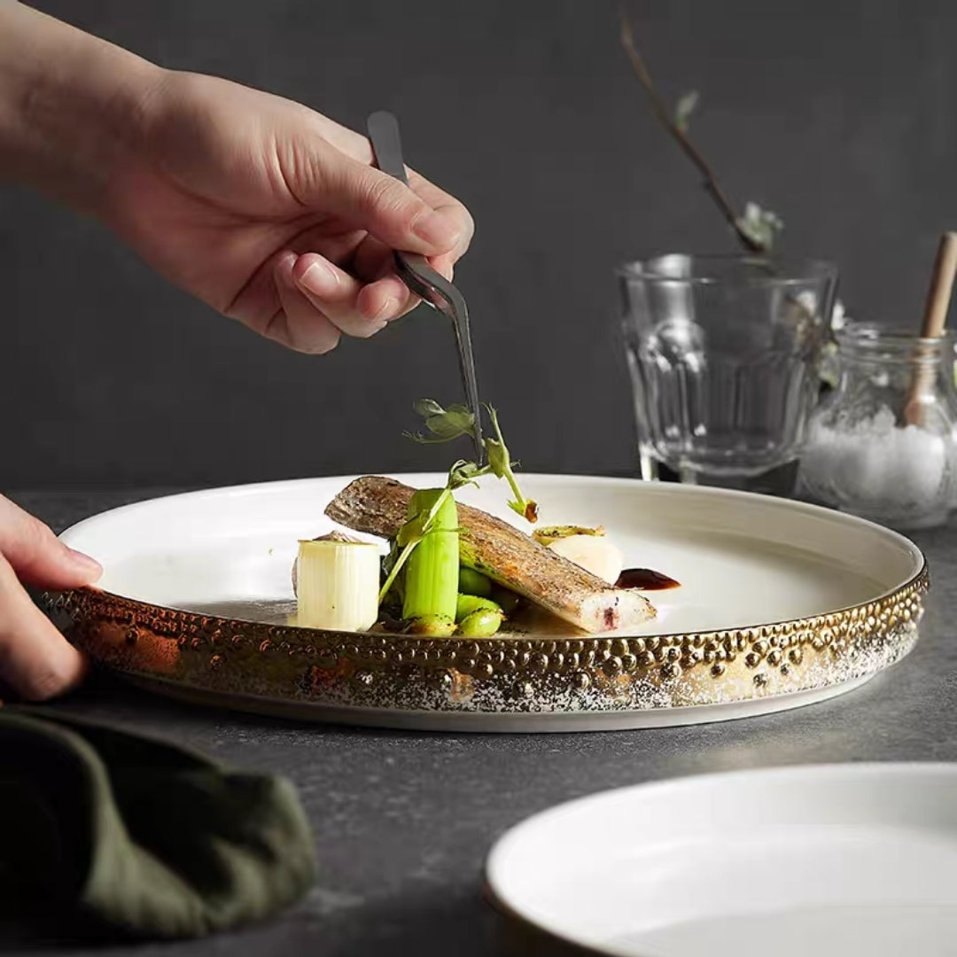 Nordic Pearl-Rimmed Ceramic Plate – Elegant Flat Dinnerware for Restaurants, Homes & Food Styling - Set of 4