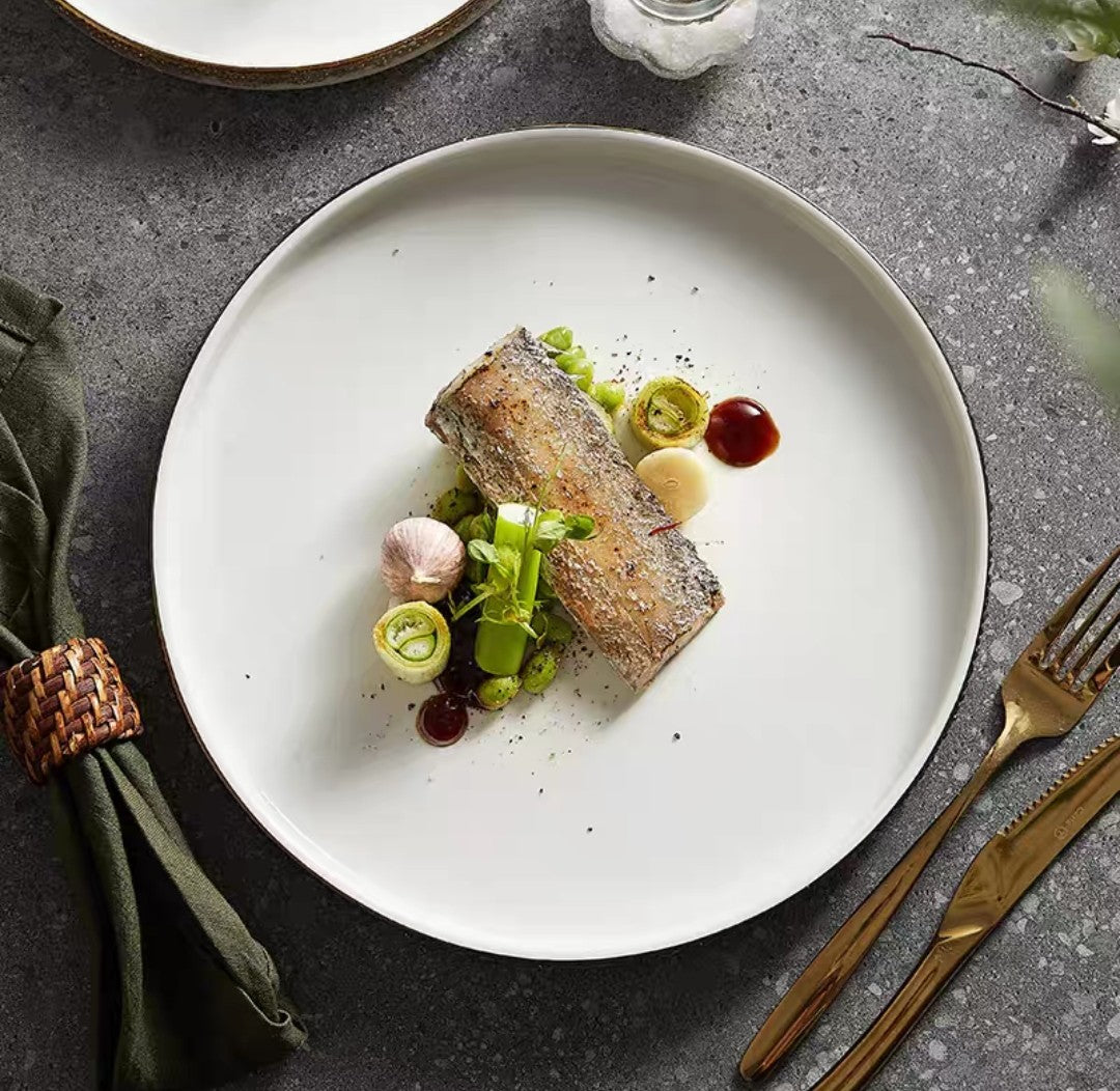 Nordic Pearl-Rimmed Ceramic Plate – Elegant Flat Dinnerware for Restaurants, Homes & Food Styling - Set of 4