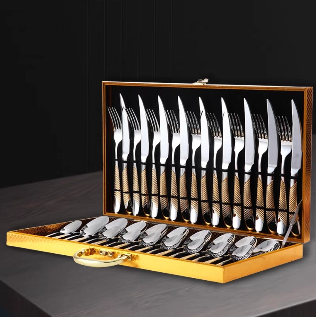 12 - 24-Piece Luxury Gold Stainless Steel Cutlery Set – Mirror Polished SUS304 Silverware for Modern Dining & Gifting
