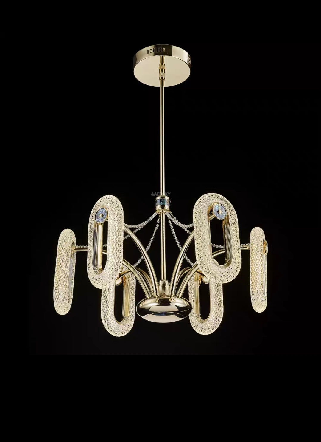 Gold abalone crystal chandelier with LED rings for modern dining room lighting.